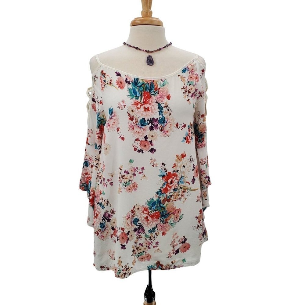 Jodifl‎ Womens Floral Open Shoulder 3/4 Bell Sleeve Blouse Top M Boho Multicolor
